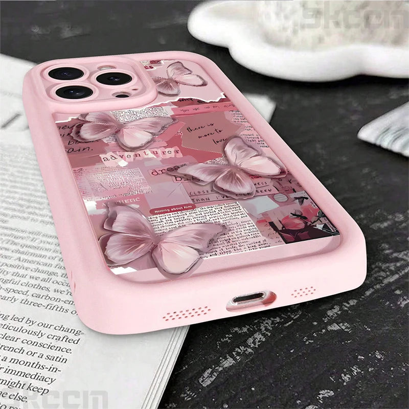 Pink Cute Butterfly Silicone Soft Phone Case For iPhone 17 16 16E 15 14 13 12 11 Pro Max XS XR X 7 8 Plus Shockproof Candy Cover
