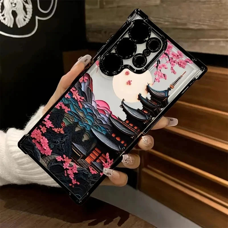Japanese-Style Ancient House Airbag Phone Case For Samsung Galaxy S25 S24 Ultra S23 S22 Plus S21 FE Clear Soft Cover