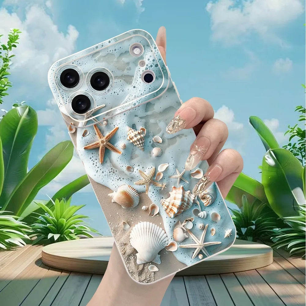 Summer Beach Shell Starfish Design Shockproof Soft Phone Case For iPhone 17 16 13 11 12 14 15 Pro Max XS XR X 16E 17 Air Cover