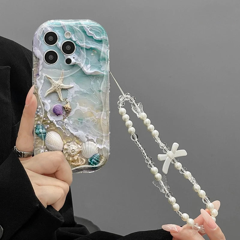Beach Seashell Starfish Pattern Phone Case For iPhone 17 16 15 14 13 12 11 Pro Max 16E 17E With Lanyard Clear Wavy-edge Cover