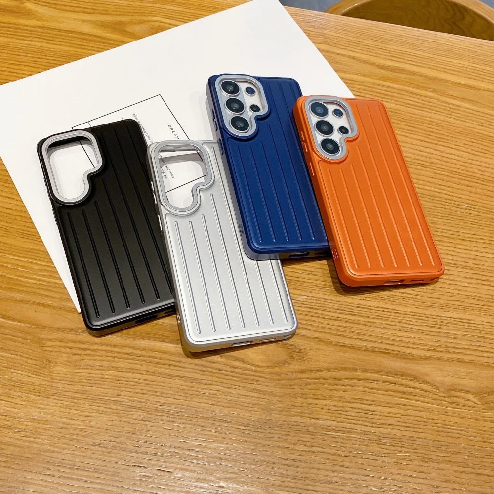 S26 Ultra Luxury 3in1 Striped Luggage Texture Case for Samsung Galaxy S26 S25 S24 S23 S22 Ultra Titanium glossy Shockproof Cover
