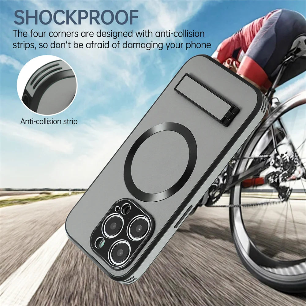 Luxury Magnetic Leather Stand Phone Case For iPhone 17 16 15 14 11 12 13 Pro Max Wireless Charging For Magsafe Shockproof Cover