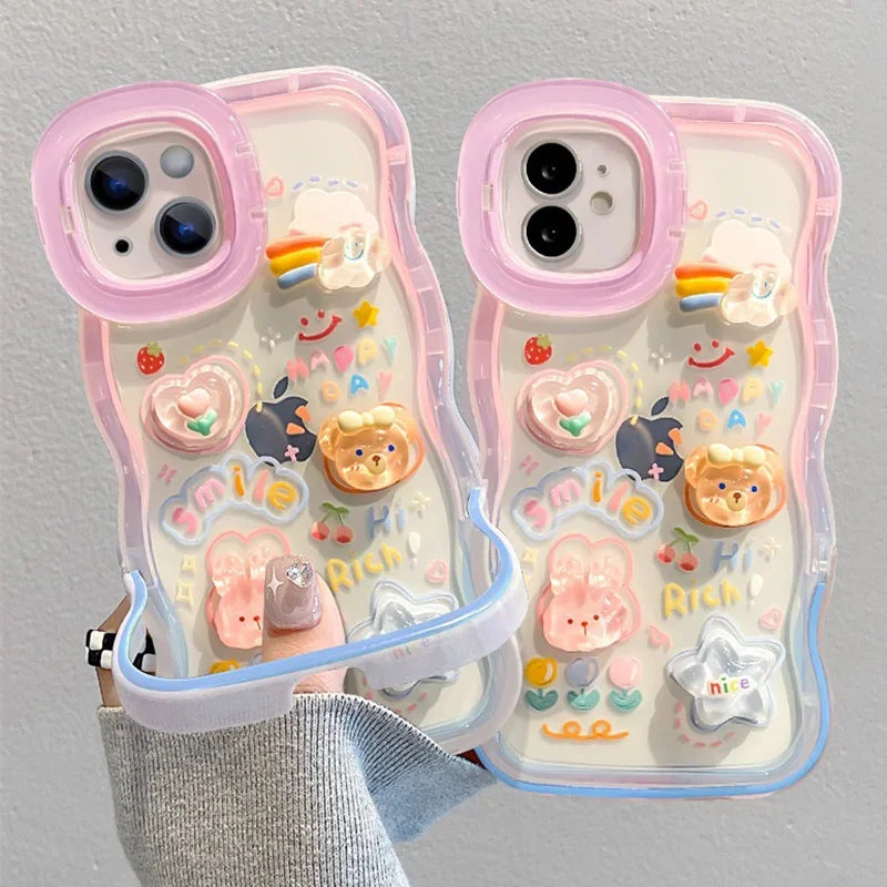 Cartoon 3D Bracket Phone Holder Case For iPhone 16 17 15 14 13 12 11 Pro Max Plus X XS XR Rainbow Love Heart Holder Stand Cover