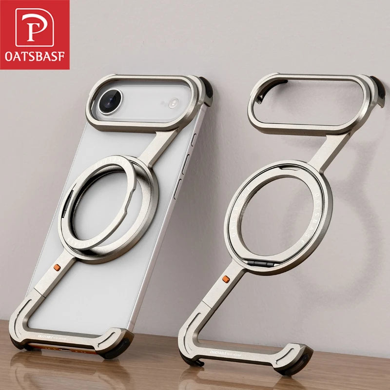 Oatsbasf Frameless Metal Phone Case for iPhone 17 Air/17 Pro/Pro Max with Kickstand 360° Rotatable Magsafe Protective Shockproof
