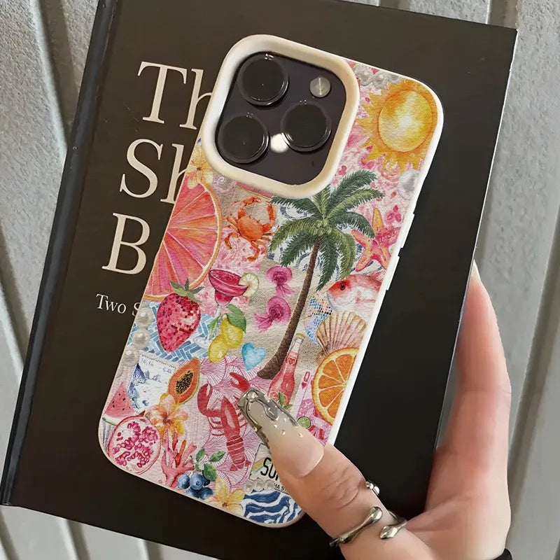 Summer Beach Party Collage Pattern Lychee Texture Phone Case For iPhone 11 12 13 14 15 16 17 Pro Max 14 15 Plus 17Air Soft Cover