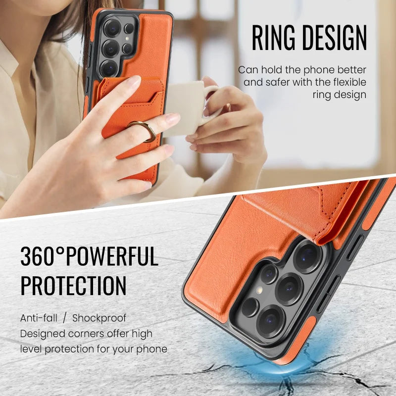 Ring Leather For Magsafe Wallet Phone Case for Samsung Galaxy S26 Plus S25 Ultra S24 FE S23 Cards Holder Flip Cover Hoesje Coque