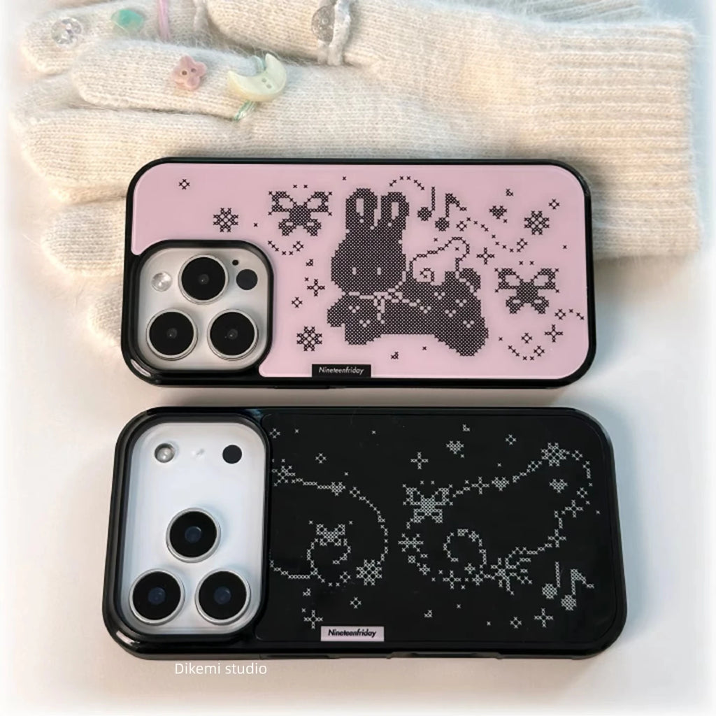 Korean Ins Pink Pixel Rabbit Angel Wings Cartoon Phone Case For iPhone 17 16 15 14 13 12 11 Pro Max Plus Acrylic Cover