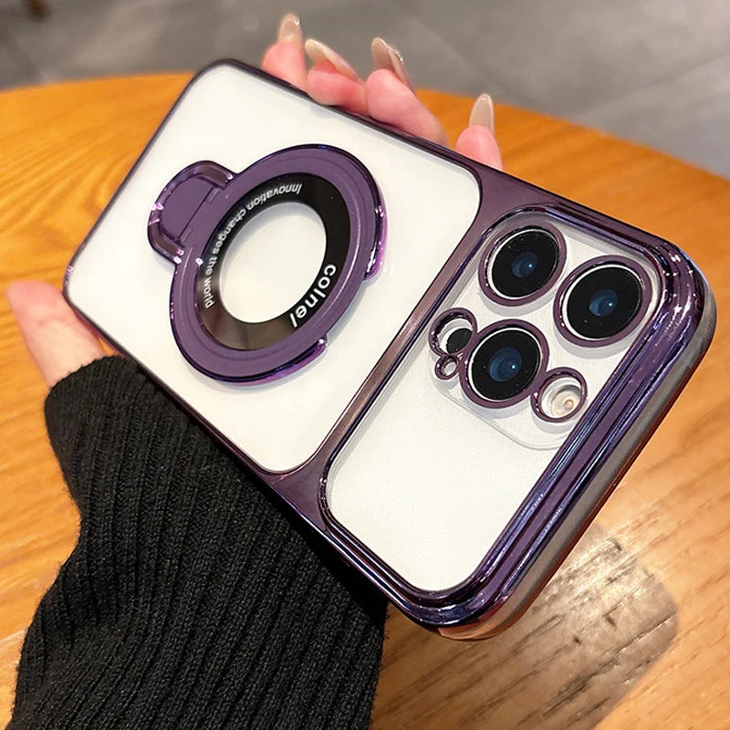 For Magsafe Wireless Charging Case For iPhone 17 Pro Max 17e 16e 14 15 13 12 11 16 Plus Transparent Plating Ring Holder Cover
