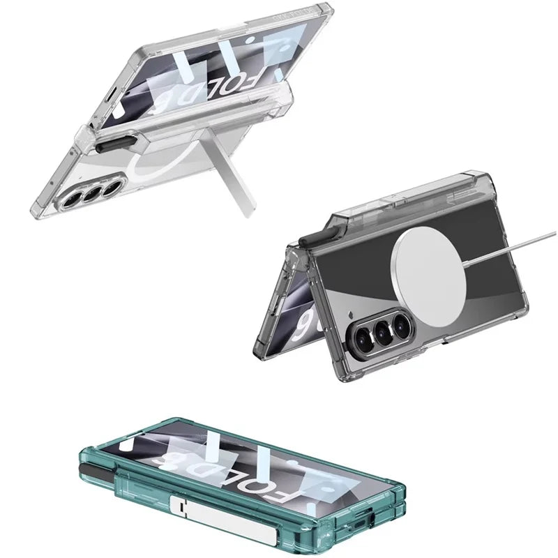 For Samsung Galaxy Z Fold 7 6 5 For Magsafe With Hinge S Pen Holder Transparent Phone Case Screen Protect Film Shockproof Cover