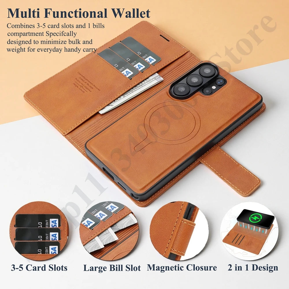 2 in 1 Leather Wallet Case For Samsung Galaxy S26 S25 Ultra S24 Plus S23 S26U S25U Wireless Charging Card Slots Phone Cover
