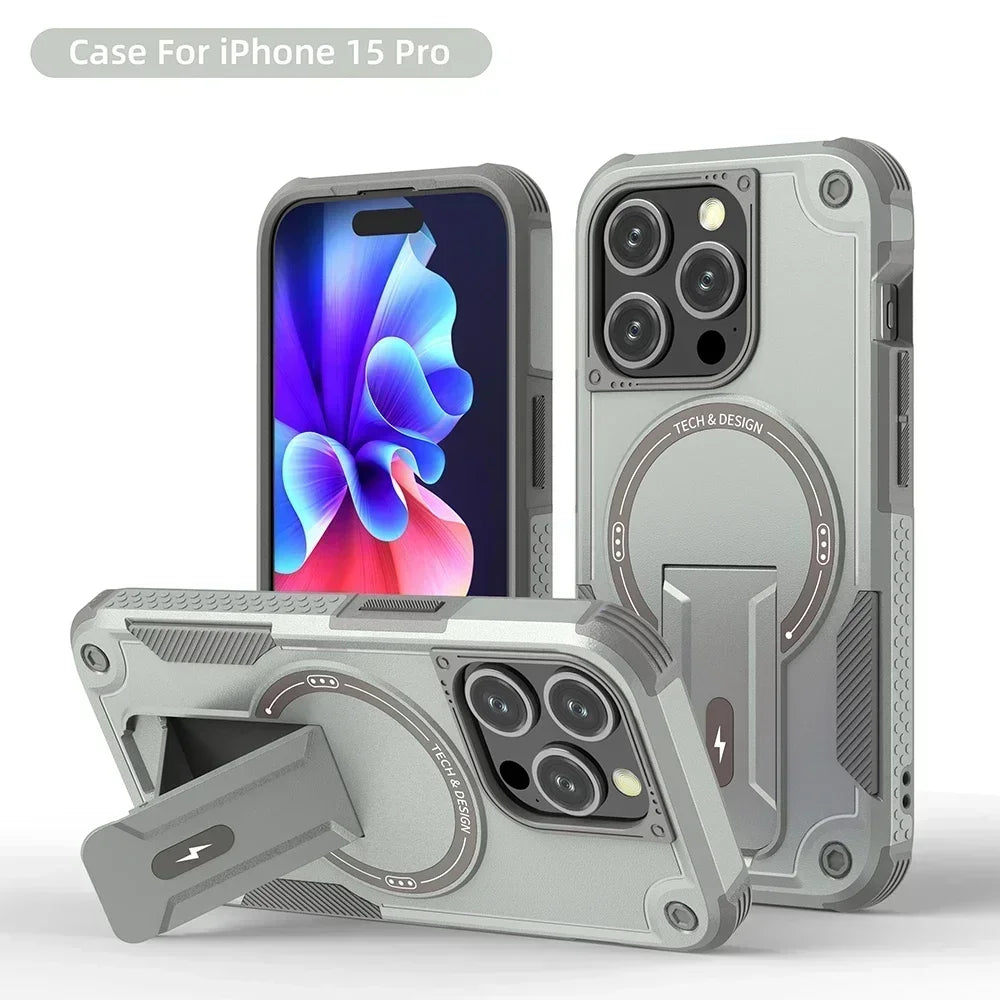 For Magsafe Case for IPhone 17 16 14 13 11 12 15 Pro Max Plus Magnetic Wireless Charging Wrist Strap Stand Hard Anti-fall Cover