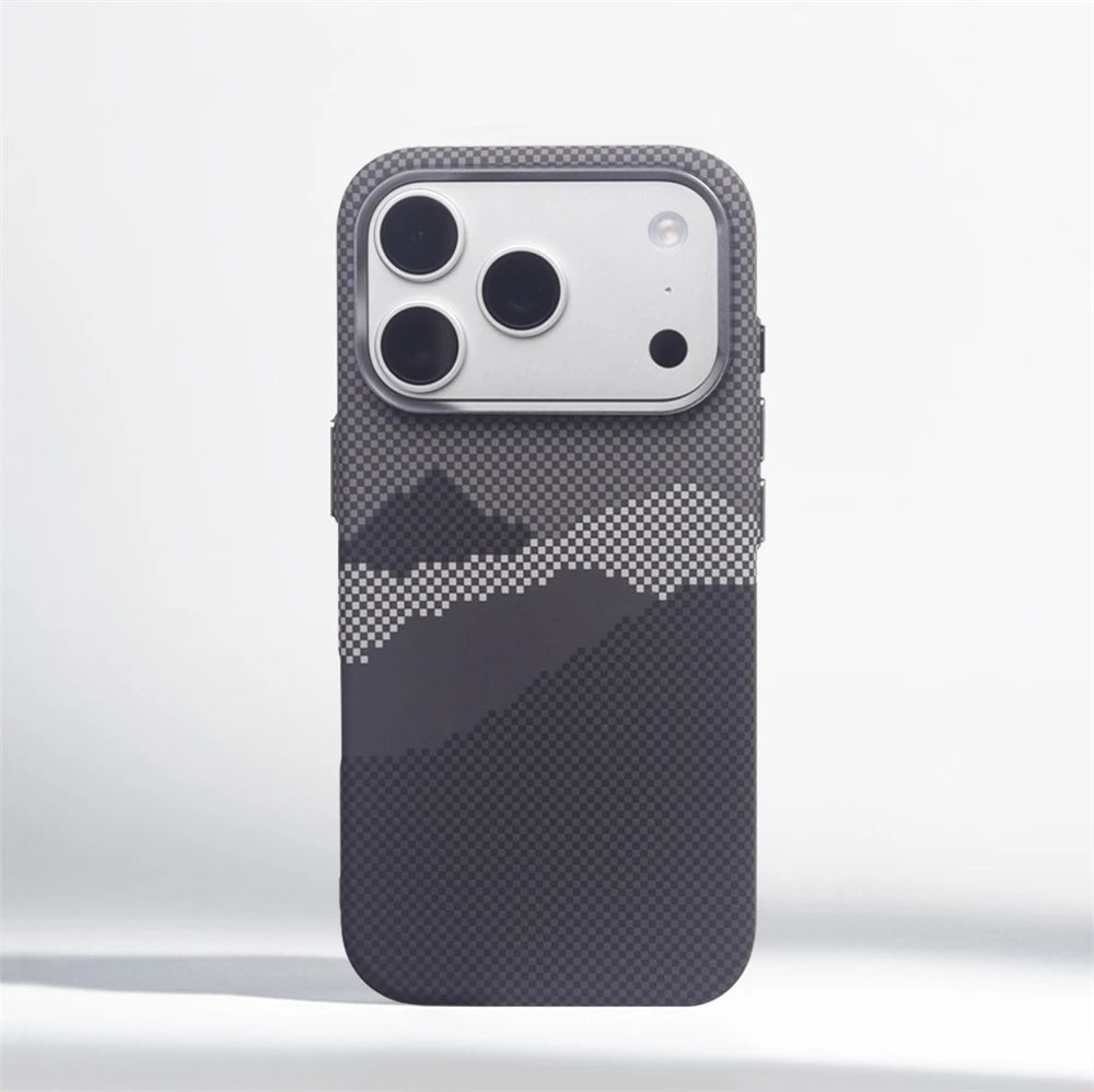Carbon Fiber Mountain Peak Pattern Mangetic Case For iPhone 17 Pro Max 16 15 14 Aluminum Alloy Lens Frame For Magsafe Back Cover