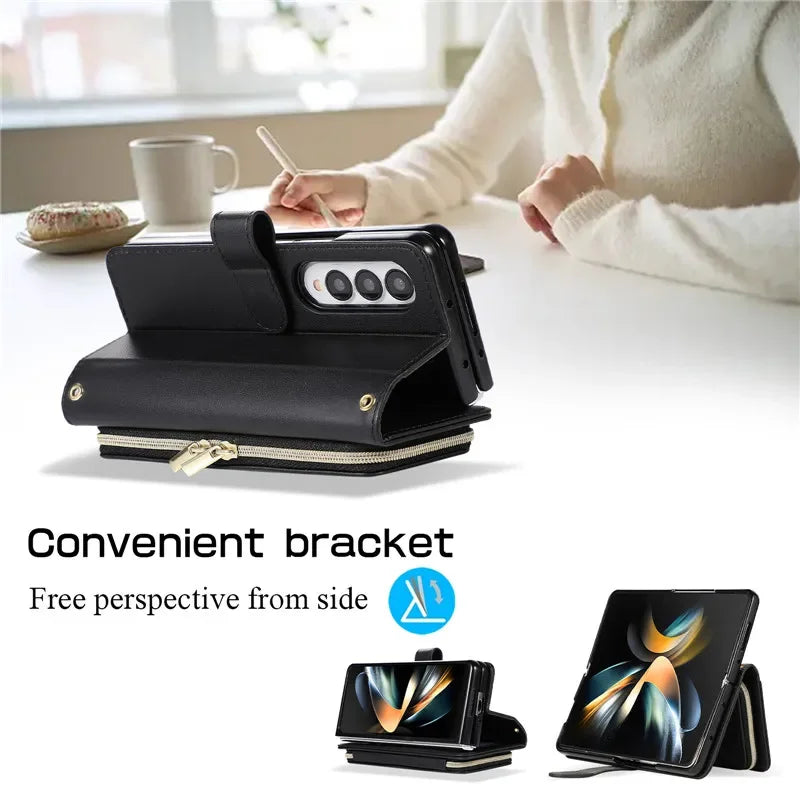 Crossbody Leather Zipper Wallet Card Phone Case for Samsung Galaxy Z Fold 7 6 5 4 3 5G Luxury Wrist Rope Flip Stand Cover Coque