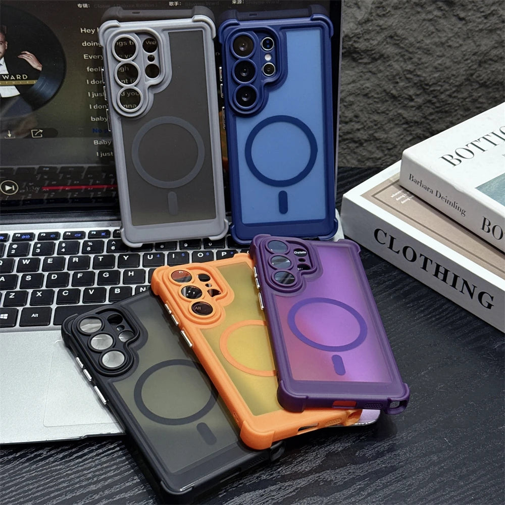 2-in-1 Corners Anti-Drop Magnetic Matte PC Case for Samsung S26 Ultra S25 Plus S24 Airbags for Magsafe Translucent Phone Cover