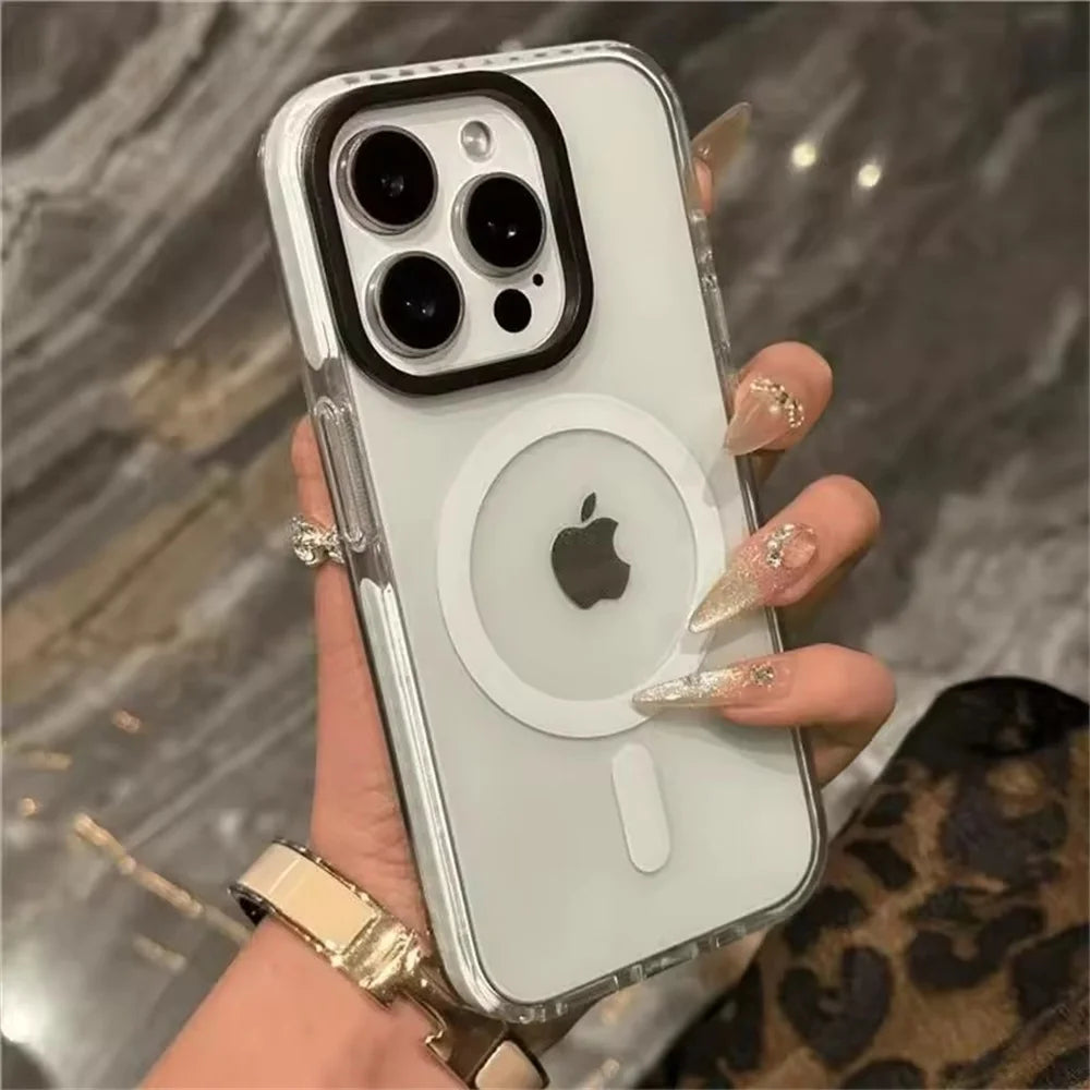 Neon Color Transparent Crystal Case For iPhone 16 Pro Max 14 11 12 13 15 Pro Max Plus For MagSafe Magnetic Protection Back Cover