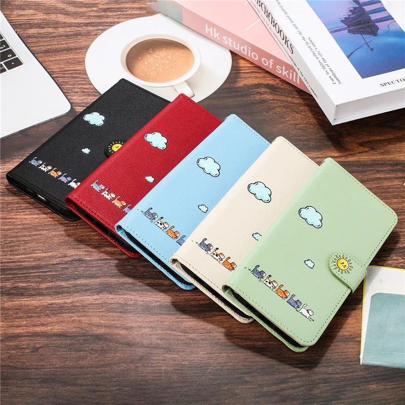 Fashion Flip Book Leather Wallet Case For Samsung Galaxy Note20 Note 20 S24 FE Ultra 9 10 plus Card Animal Kawaii Cat on Cover