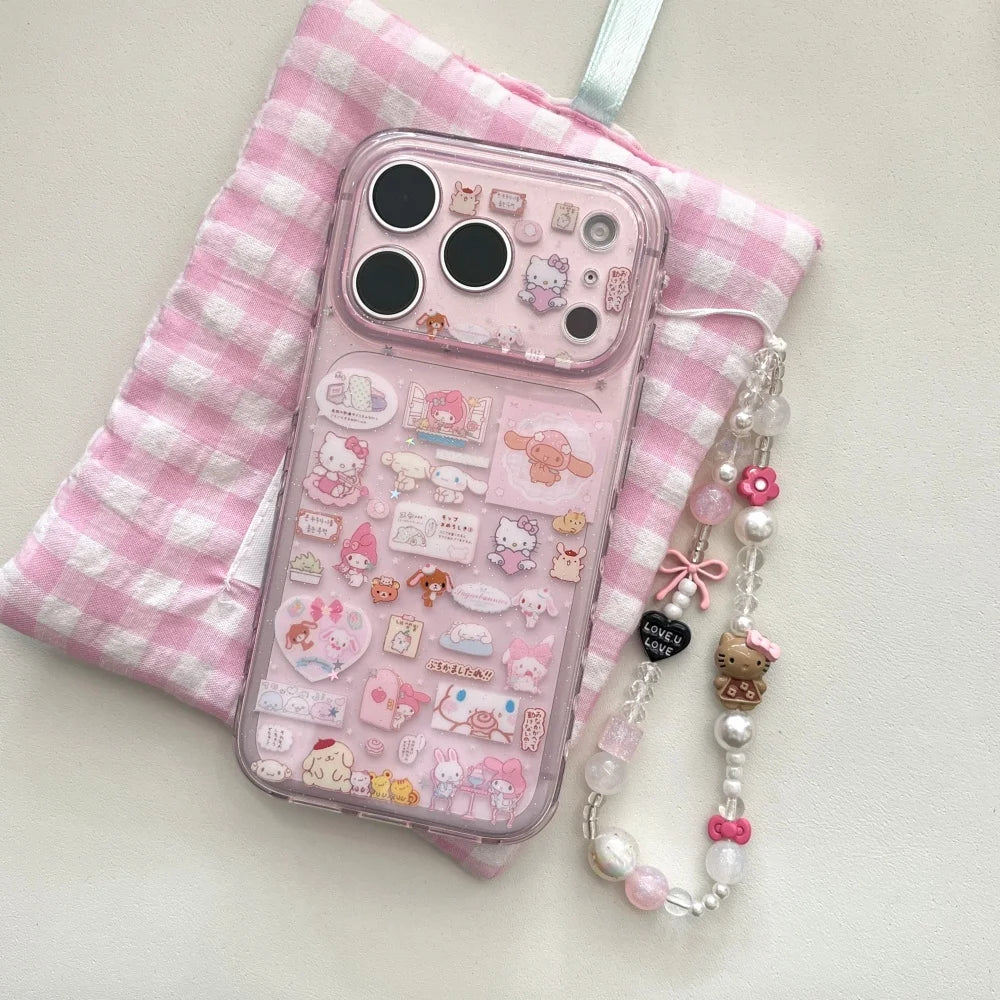 Cute Transparent Pink KT Stickers Phone Case For iPhone 17 Pro Max 14 Pro 15 Pro Max 16 Pro Max With Bracelet Shockproof Cover