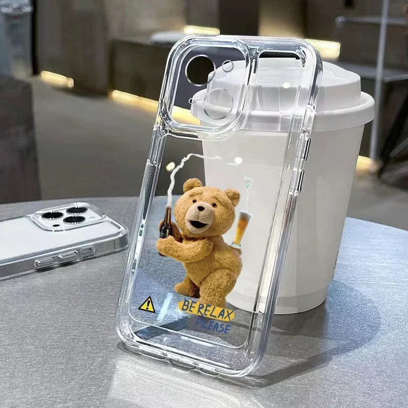Cartoon Beer Bear Phone Case For iPhone 17 16 15 11 12 14 13 Pro Max Mini SE 7 8 Plus Funny Luxury Transparent Soft Cover Shell