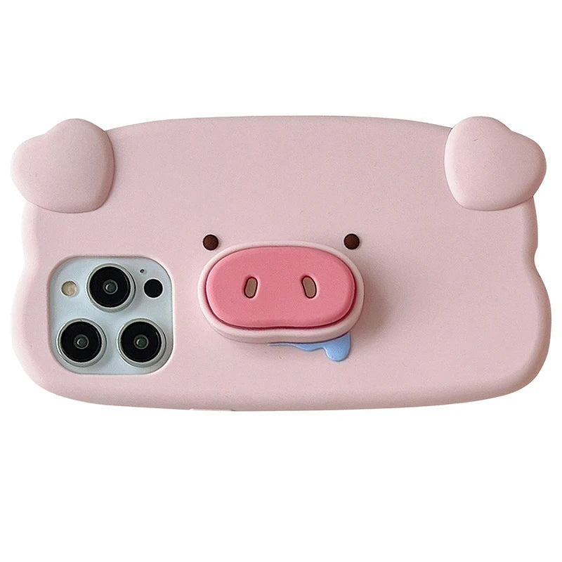 Fun 3D Pink Saliva Pig Nose Invisible Bracket Case For iPhone 13 14 15 16 17 Pro Max Cute Creative Holder Stand Shockproof Cover