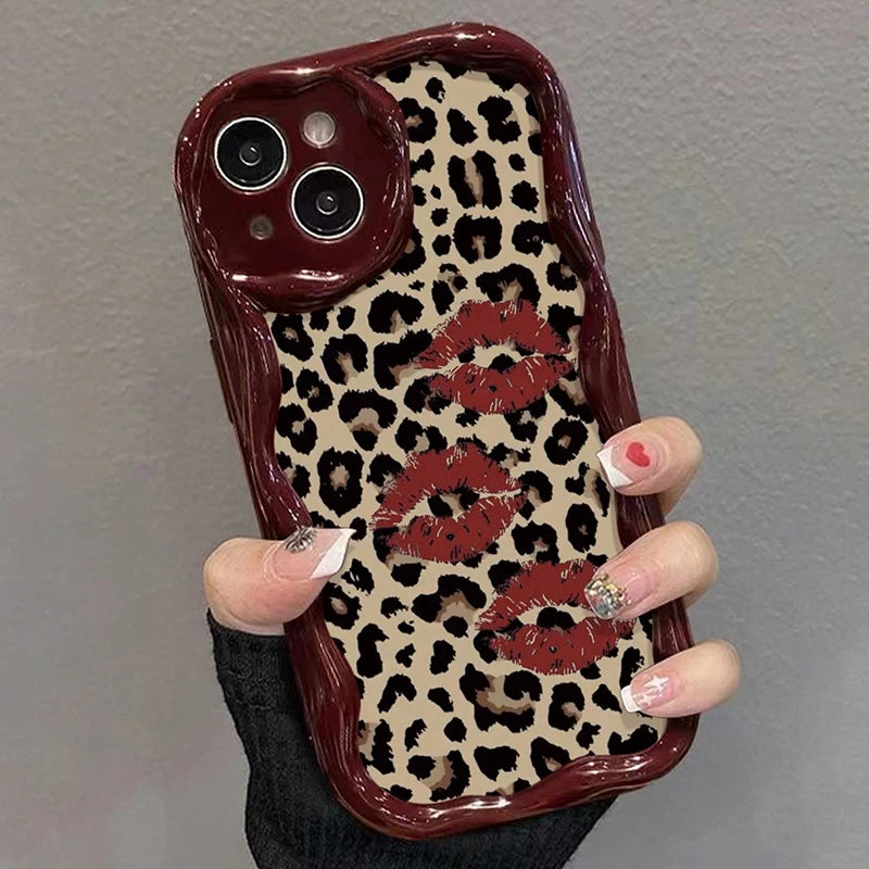 Cute Luxury Leopard Print Novelty Case For iPhone 17 16 15 14 13 12 11 Pro Max Plus 16e 17e Lip Painted Cartoon Wavy Soft Cover