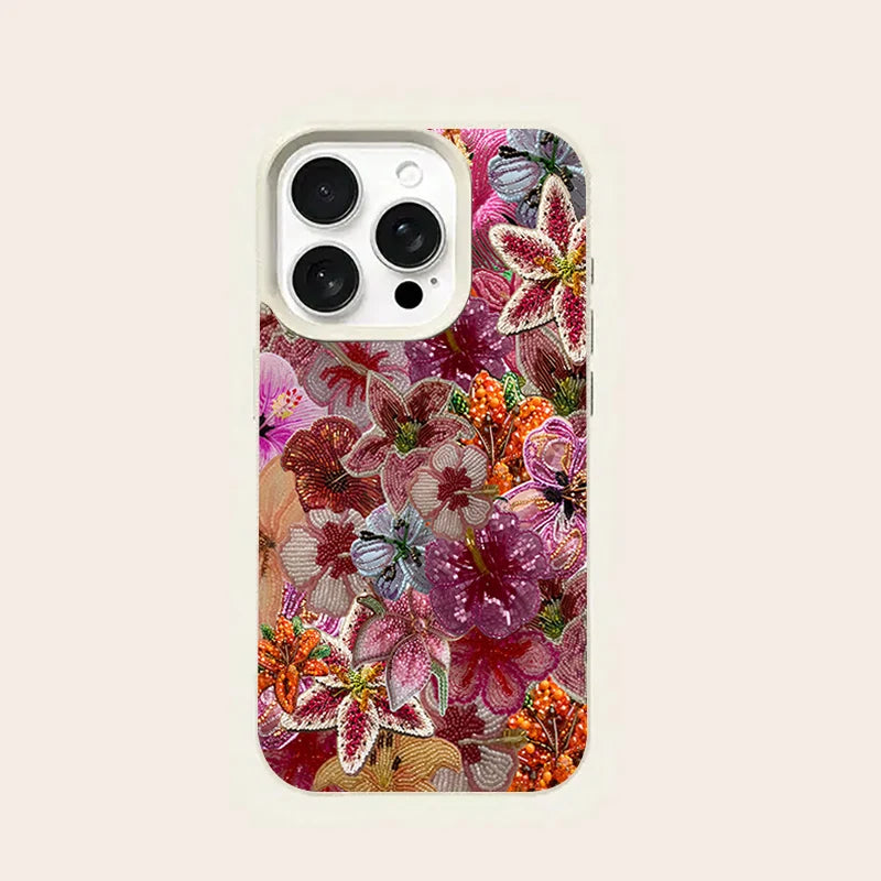 Luxurious Beaded Flower Lychee Texture Phone Case For iPhone 17 16 15 14 13 12 11 Pro Max 14 15 Plus 17Air Silicone Soft Cover