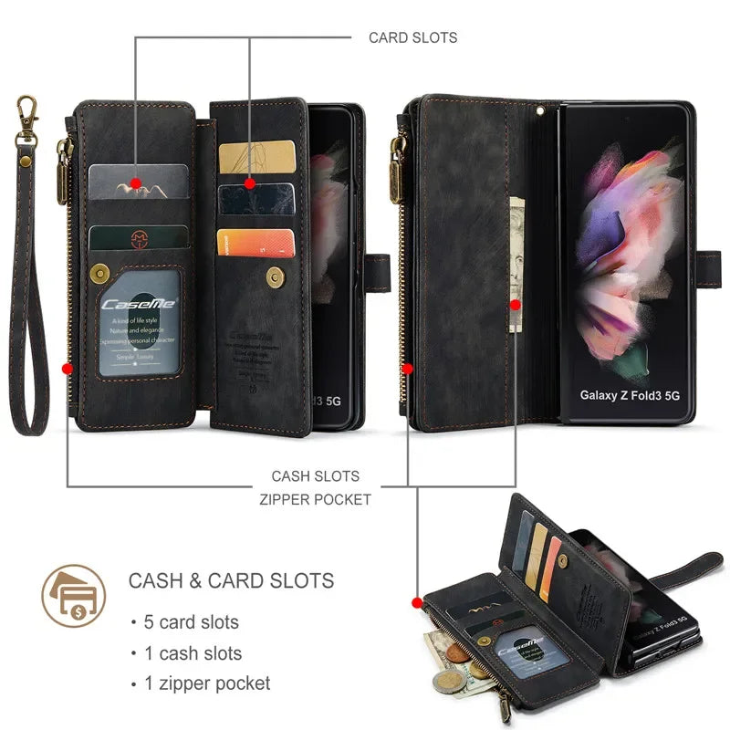 CaseMe Flip Leather Phone Case For Samsung Galaxy Z Fold 7 6 5 4 3 5G S26 Ultra S25 FE S24 Plus S23 S22 Zipper Wallet Card Cover