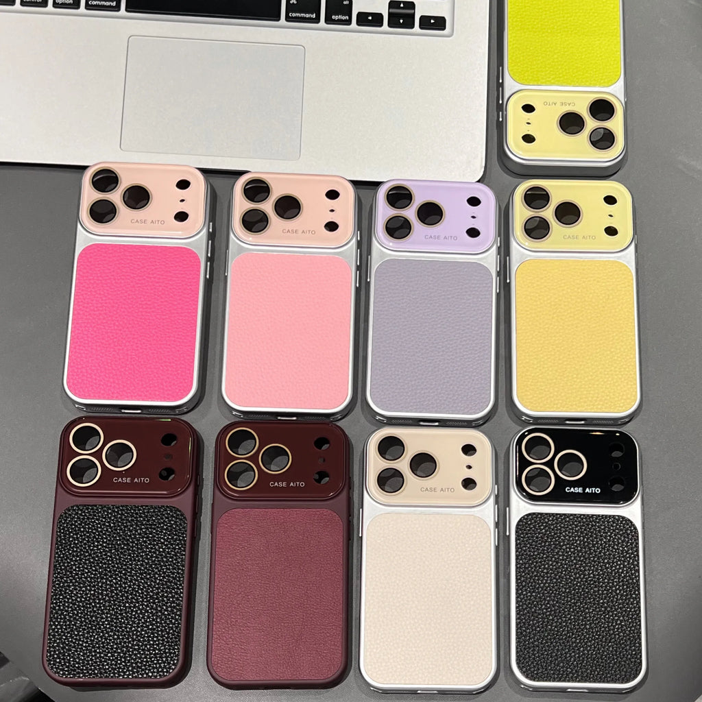 Luxury Litchi Leather Glass Lens Large Window Case For iPhone 17 16 15 14 13 Pro Max Plating Shockproof Bumper Candy Phone Cover