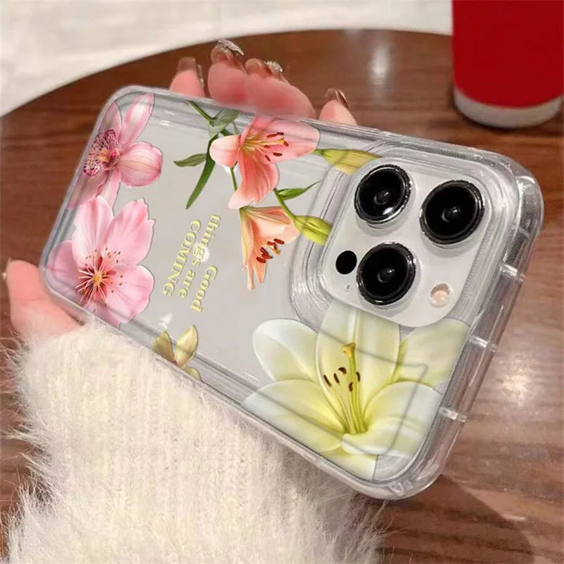 Flower Lily Hibiscue Print Clear Phone Case for Iphone 16 15 14 13 12 11 17 Pro Max Mini 16E 7 8 Plus Vintage Floral Soft 2030