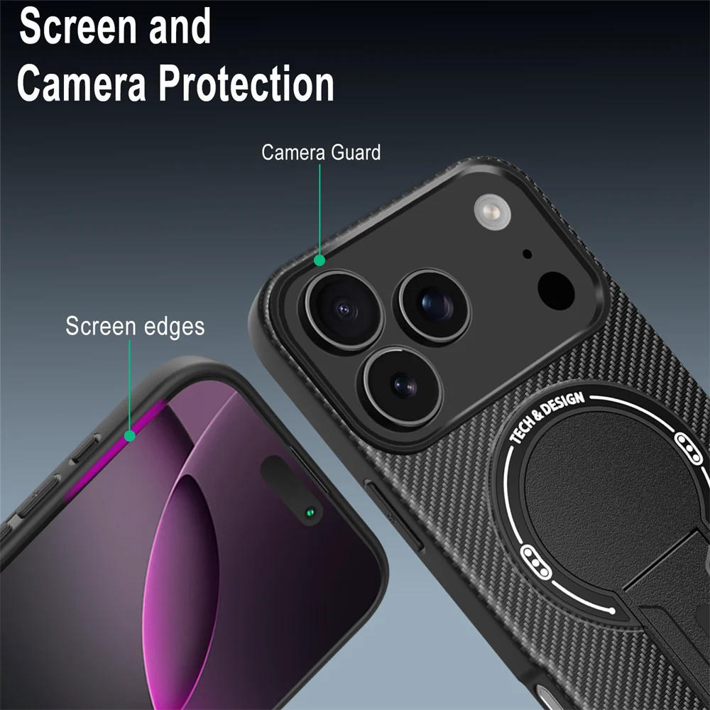 Luxury Carbon Fiber Pattern Fold Stand Magnetic Phone Case For iPhone 16 17 Pro Max Air 16e 15 14 Plus 13 12 11 Military Cover