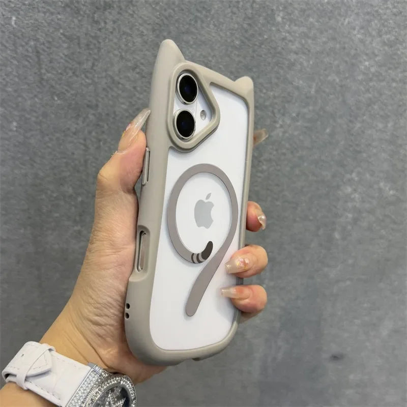 Ins Cute Cat Tail for Magsafe Phone Case For iPhone 17 16 15 14 13 12 Pro Max Air Plus Cat Ear Transparent Shockproof PC Cover