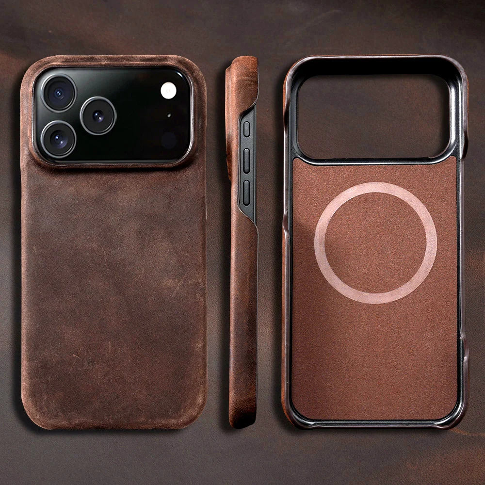 for Magsafe Case for iPhone 15 16 17 Pro Max 17Pro 17 Air 16Pro Retro Luxury Genuine PULL-UP Leather Magnetic Phone Back Cover