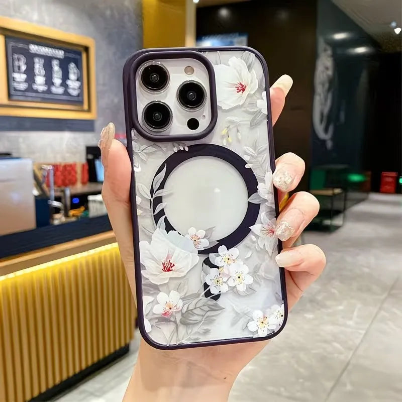 Fashion Flower Wireless Charging Phone Case For iPhone 17 16 15 14 13 12 11 Pro Xs Max Plus Air Mini XR X 17e 16e Magsafe Cover
