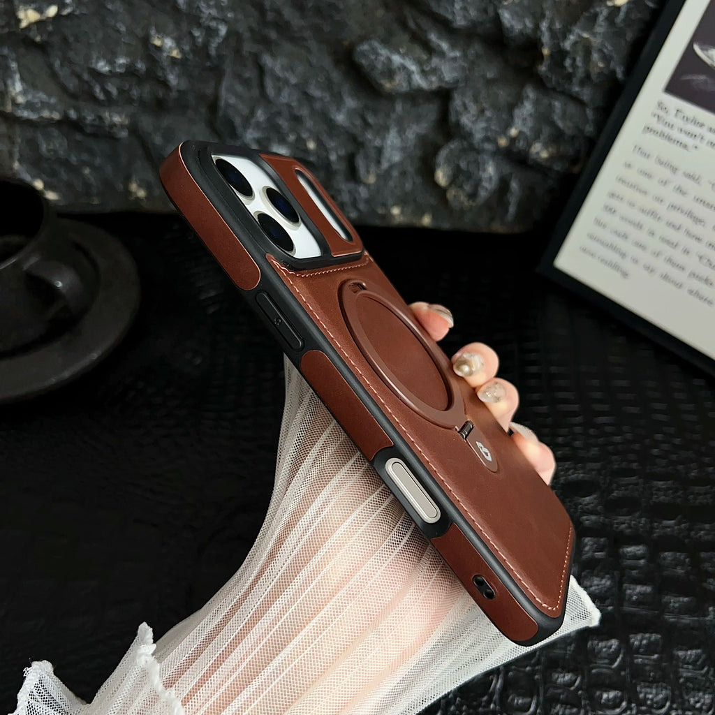 Luxury Magnetic Bracket Ring PU Leather Phone Case, For IPhone 17 16 15 Pro Max Air Magsafe Wireless Charging Hollow Logo Cover