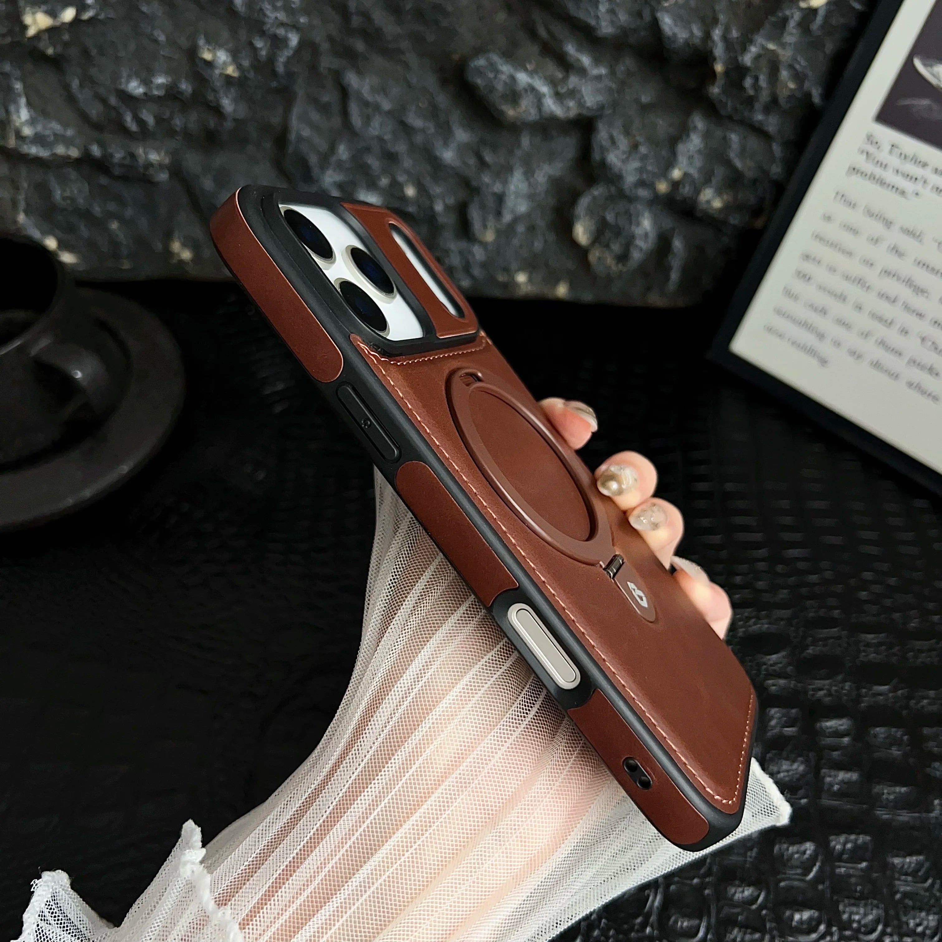 Luxury Magnetic Bracket Ring PU Leather Phone Case, For IPhone 17 16 15 Pro Max Air Magsafe Wireless Charging Hollow Logo Cover
