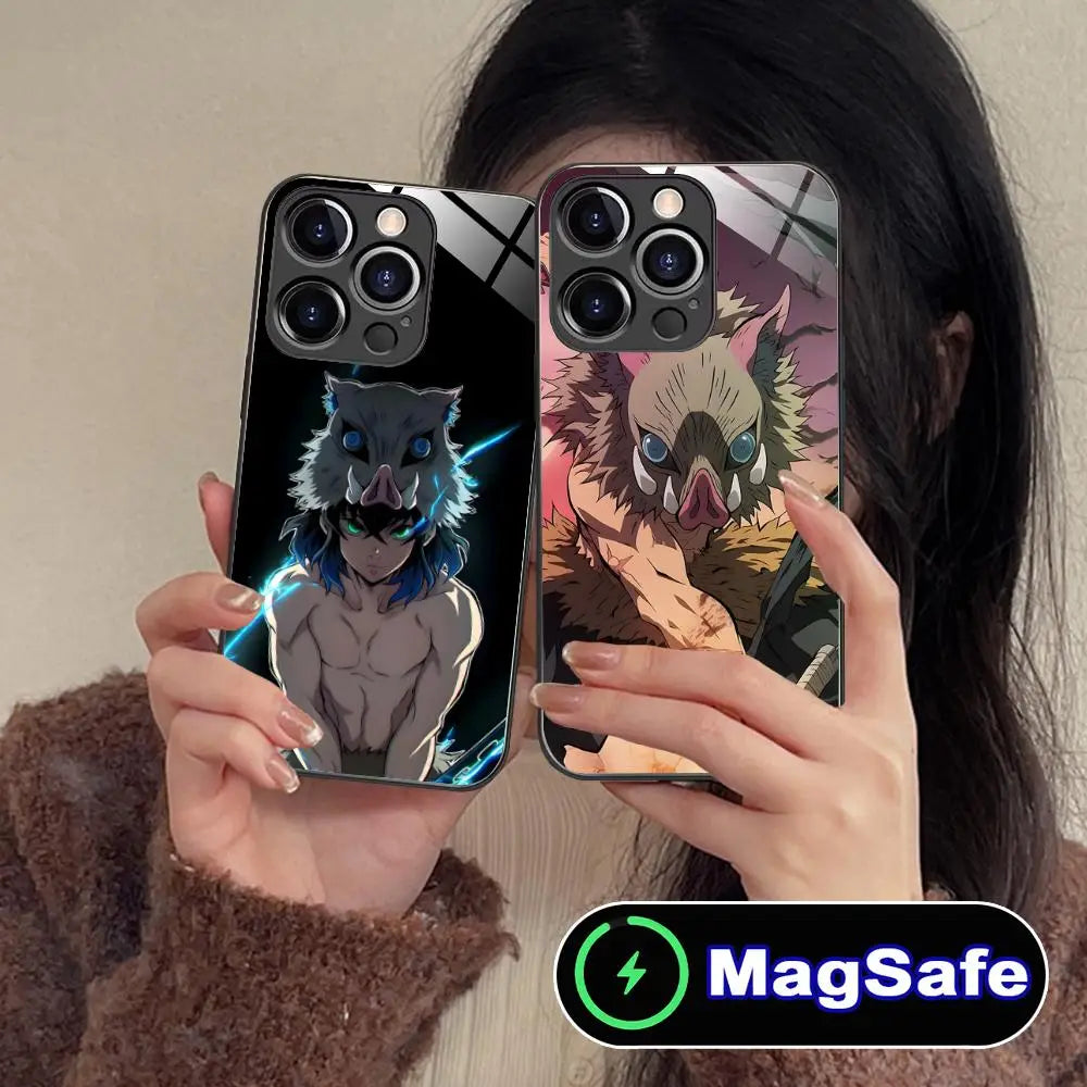 Demon Slayer Inosuke Phone Case for iPhone 16 15 14 13 12 11 Pro Max Plus Mini MagSafe Glass Colour Protective Cover Cellphones