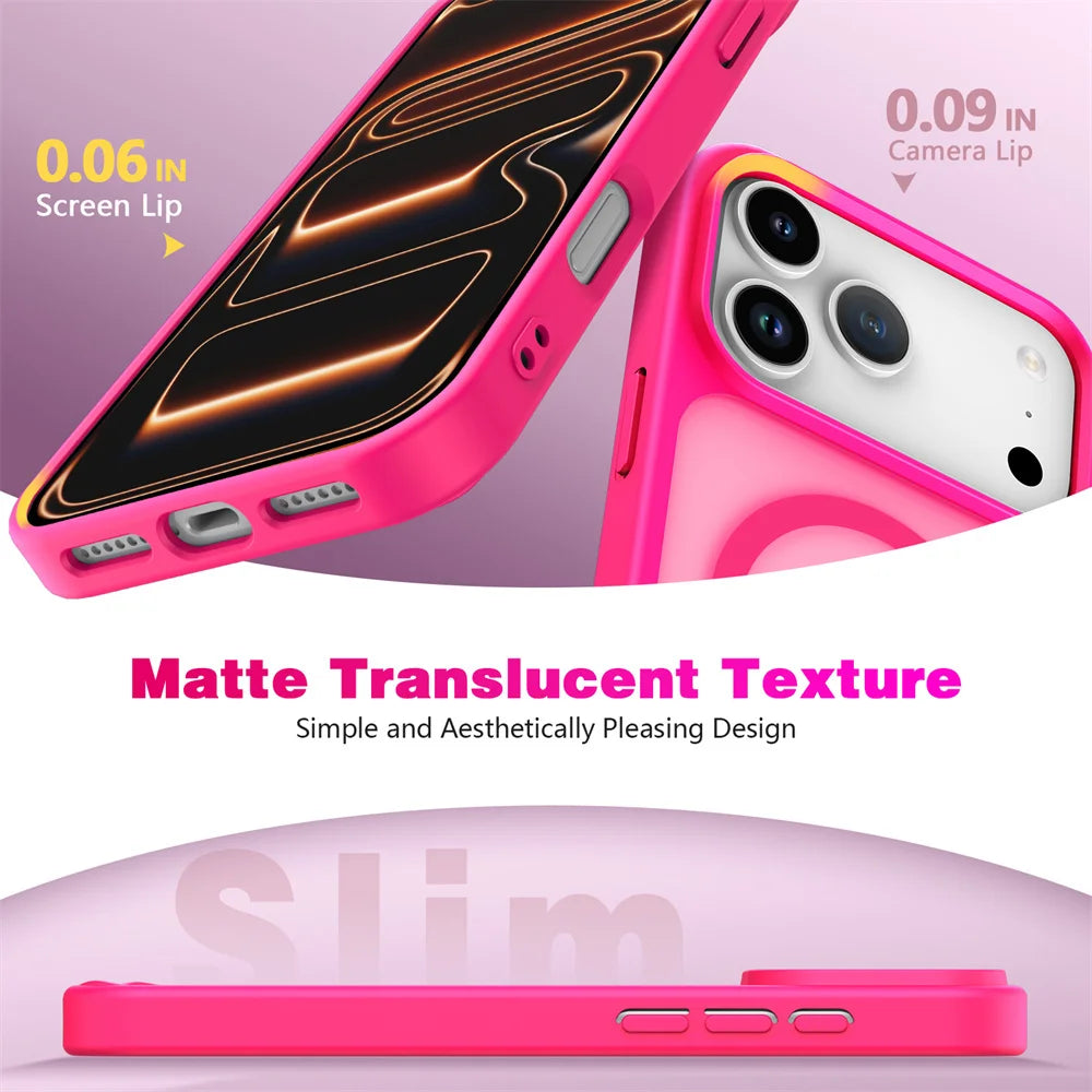 Magnetic Luxury Matte Translucent Armor Shockproof Case For iPhone 17 16 15 14 13 Pro Max 17Pro For Magsafe Wireless Charge Caps