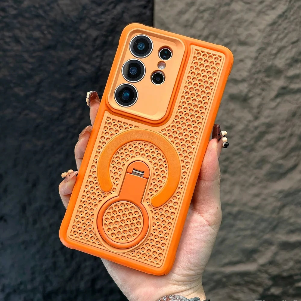 Summer Heat Dissipate 360°Rotatable Bracket Case for Samsung Galaxy S26 S25 Ultra Plus S24 S23 Hollow Cooling Anti-slip Cover
