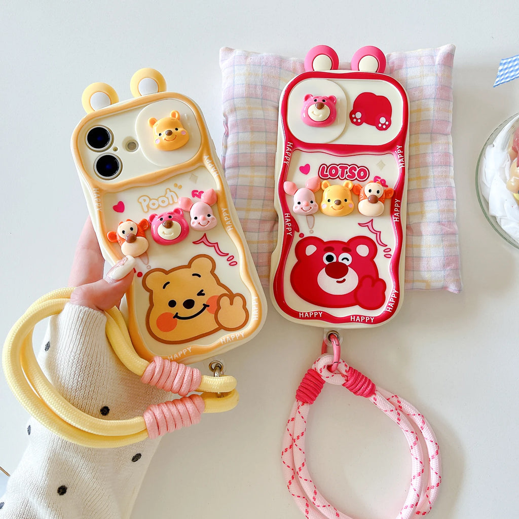 For iPhone 17 17Pro 16 15 14 13 12 Pro Max Plus cute cartoon Winnie the Pooh strawberry bear with wristband protective cover