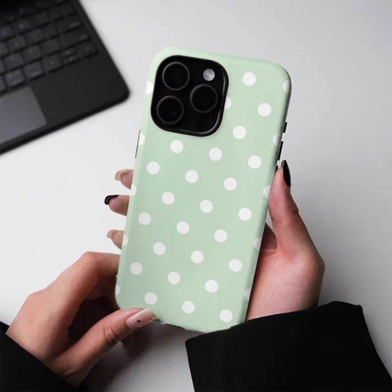Fresh green polka dots ﻿Phone Case suitable for iPhone 17 16ProMax 15 14 14 12mini 7Plus XR 2in1 tough glossy case