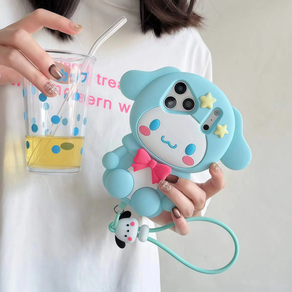 Cute 3D Cartoon Cinnamoroll Silicone Phone Case For iPhone 17E 17 16 15 14 13 Pro Max Plus INS Shockproof Leg Holder Back Cover