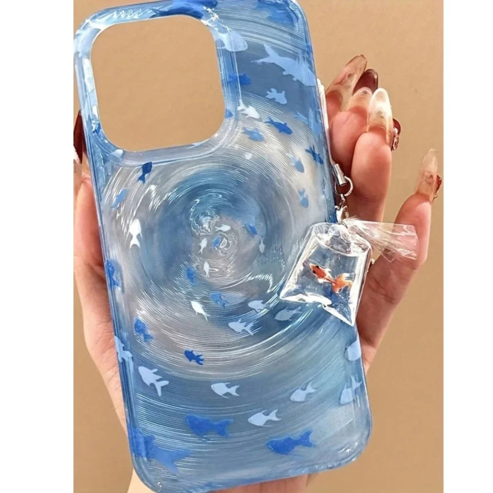 Transparent Blue Vortex Fish Water Ripple Pattern Case For iPhone 15 16 17 Pro Max 13 14 12 11 Glitter Cover With A Koi Pendant