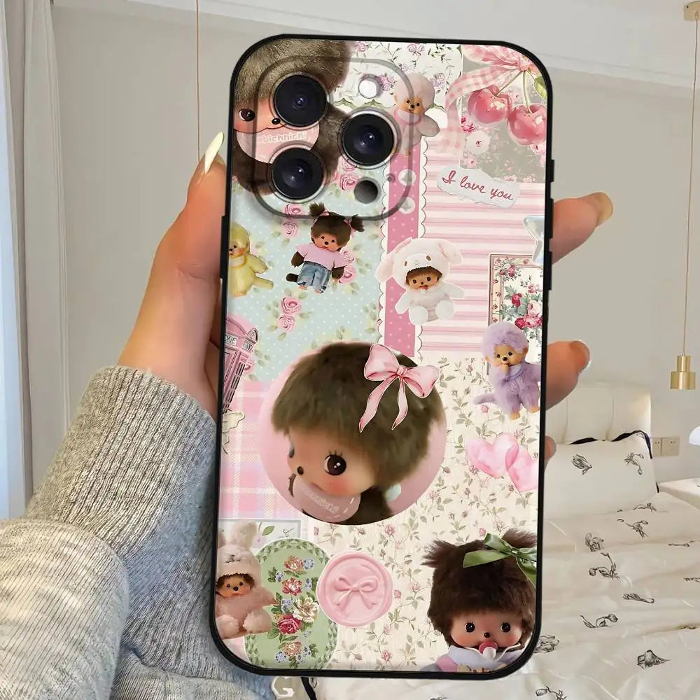 Cute M-monchichiS Kawai Phone Case For IPhone 1716 15 14 13 Pro Max 11 12 Mini X Xs XR Black Silicone Cover