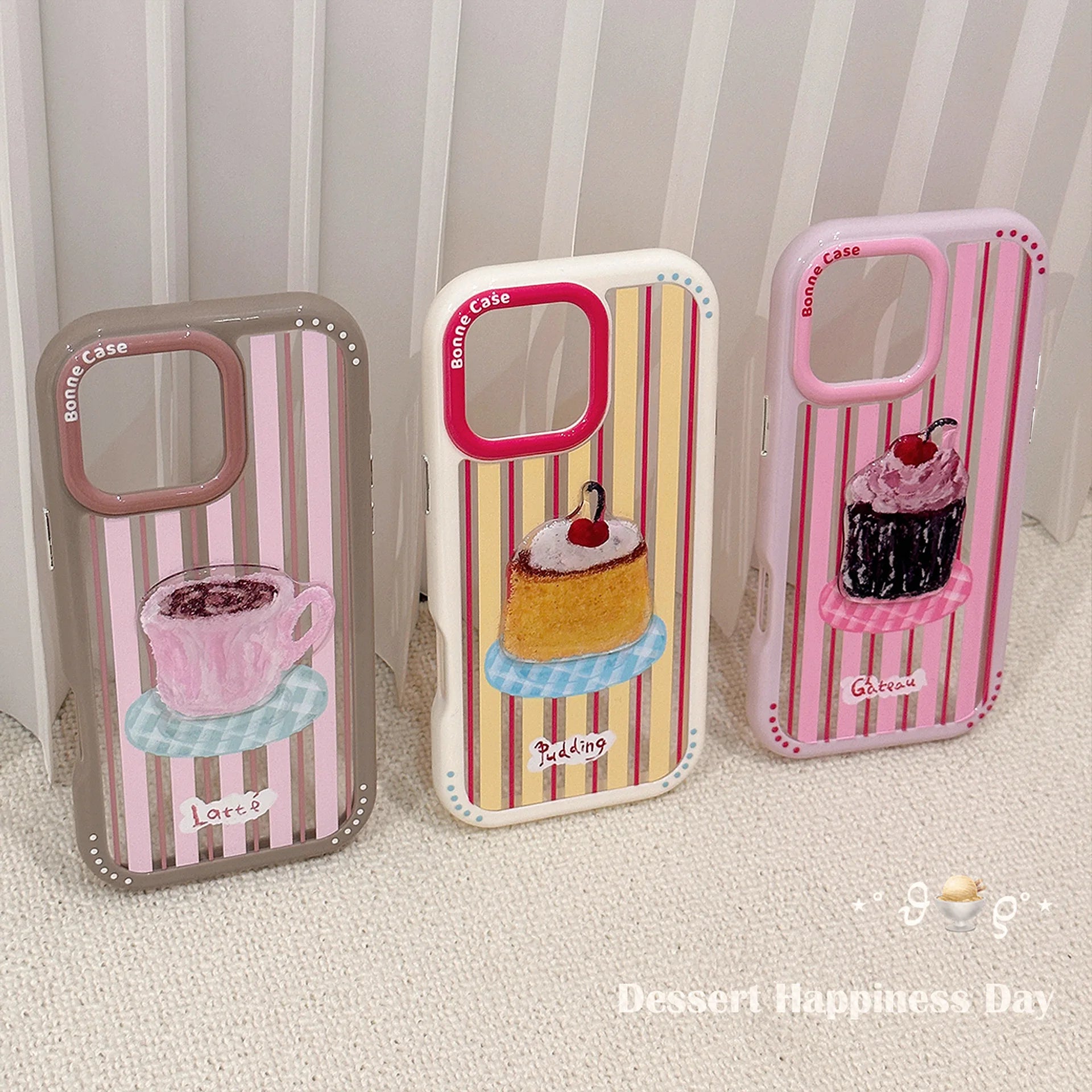 Korean Striped 3D Cartoon Dessert Cake Phone Case for iPhone 17 16 15 14 13 12 11 Pro Max XS XR Acrylic Shockproof Hard Cover