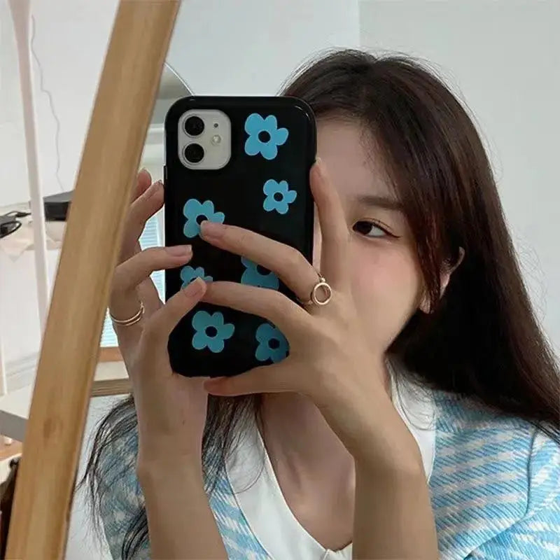 INS Fashion Blue Flower Phone Case For IPhone 17 16 Pro 15 14 13 12 11Promax XS XR 78Plus Fashion Anti Fall Minimalist Cover Y2k