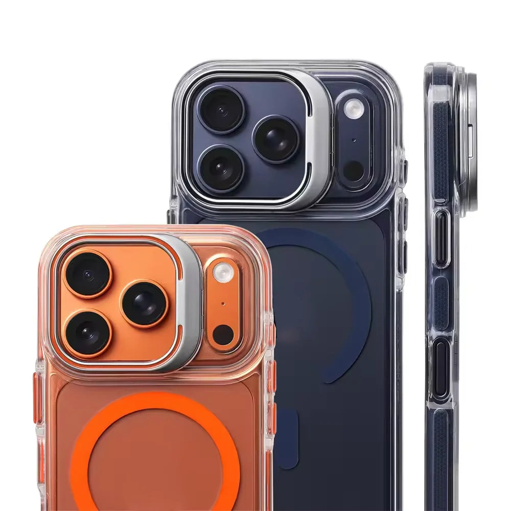 for Magsafe Hit Frame Magnetic Clear Case For iPhone Air 17 Pro Max 17p 16 15 14 Pro Alloy Bracket Stand Anti-Drop Bumper Cover