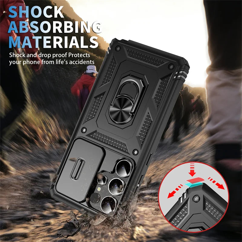 Heavy Duty Armor Phone Case For Samsung Galaxy S25 S24 S23 S22 S21 Ultra S20 FE Plus Note 20 Ultra Lens Protect Ring Stand Cover