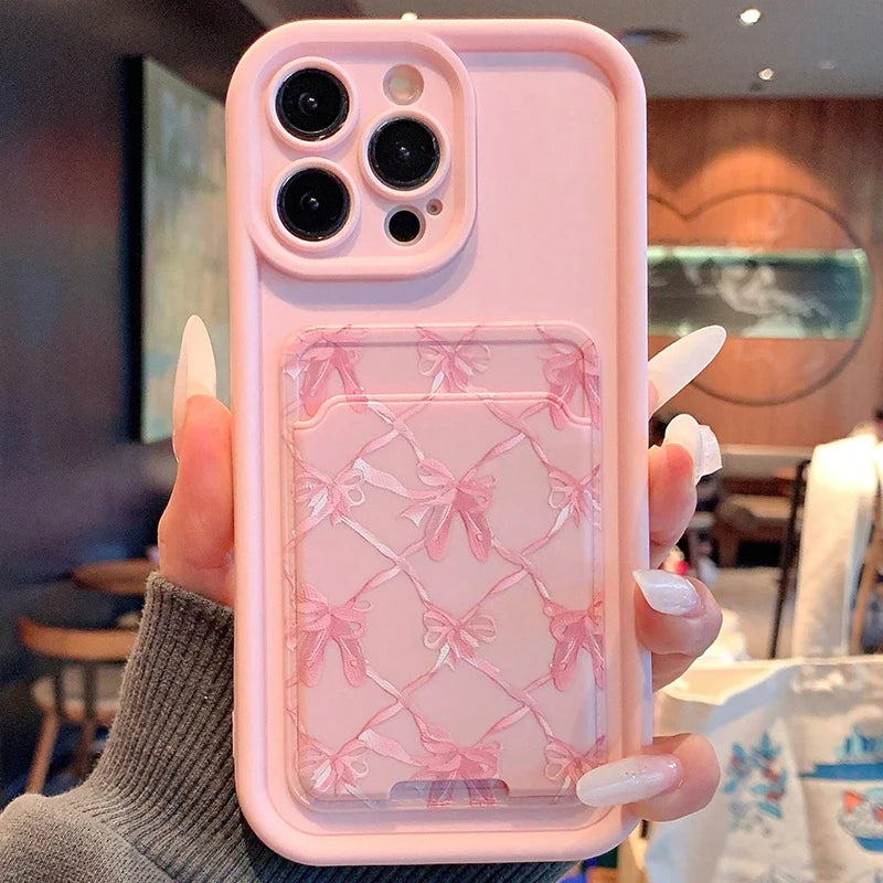 Pink Bow Pattern Card Slot Pocket Phone Case For iPhone 17 Pro Max 16 15 14 13 12 11 Pro 7 8 Plus X XS Shockproof Silicone Cover