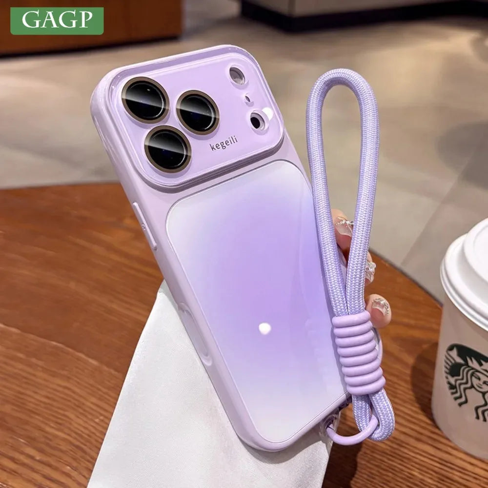 Fashion Candy Gradient Color Case for iPhone 17 16 15 14 13 12 Pro Max with Anti Slip Lanyard Big Windows Lens Protection Cover
