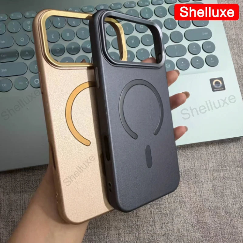 For iPhone17 ProMax Leather Magnetic Phone Case Shelluxe For iPhone 17 Air 16 15 14 13 12 Pro Max Cases Lens Metal-Frame Cover