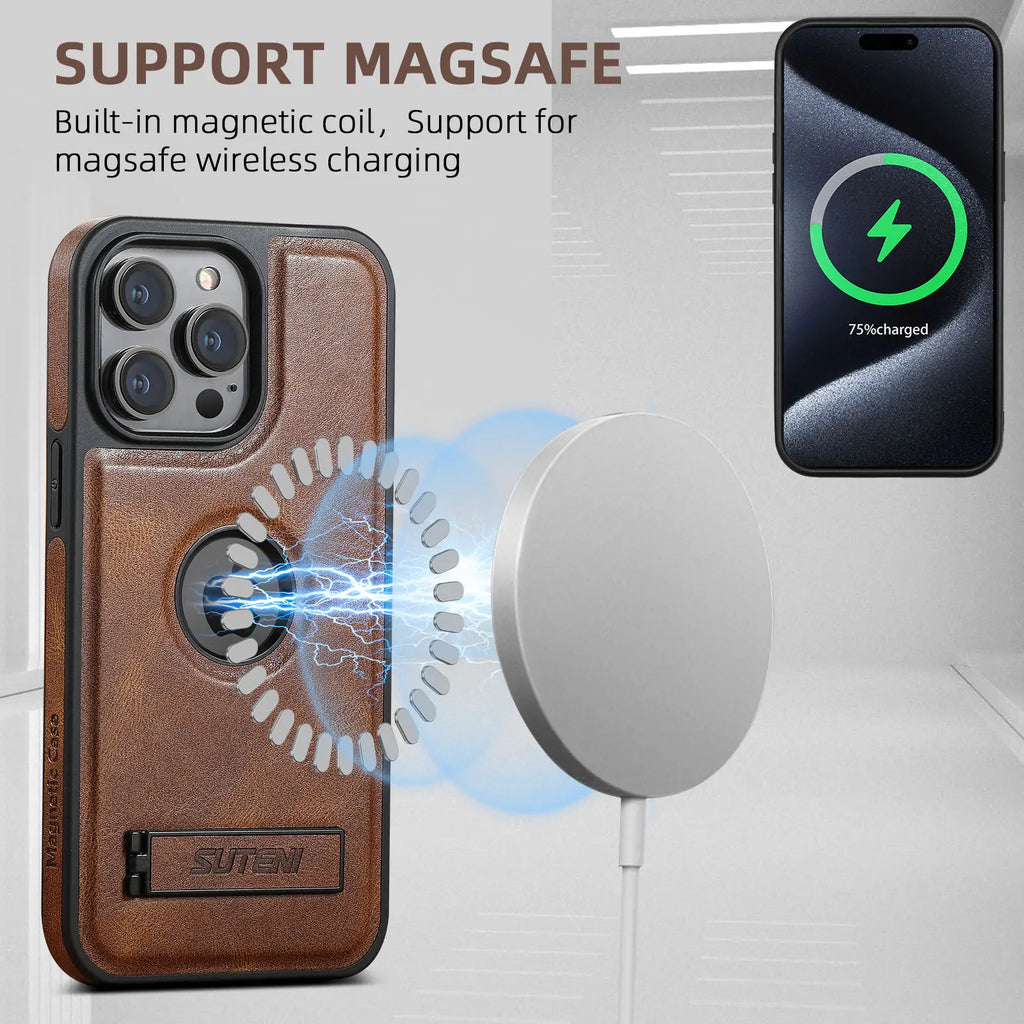 For iPhone 15 14 13 12 Pro Max Leather Case, [Compatible with Mag-safe] Built-in Invisible Stand Protective Slim Kickstand Cover